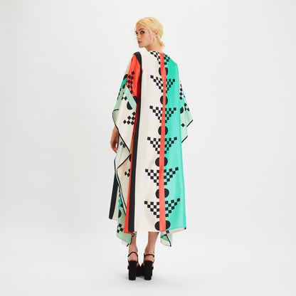 Geometric Check & Stripe Silk Kaftan Dress – Aqua Red Multicolor