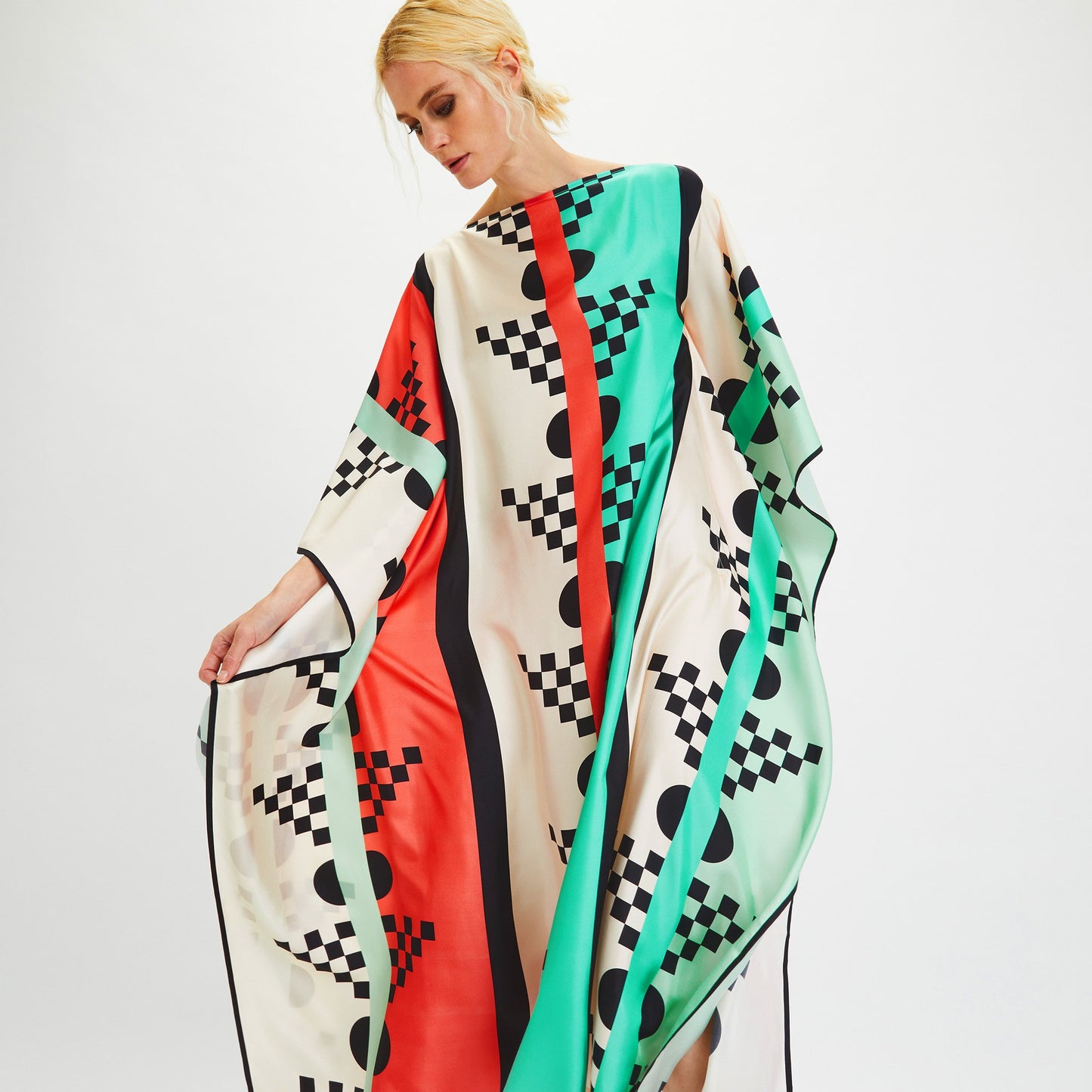 Geometric Check & Stripe Silk Kaftan Dress – Aqua Red Multicolor