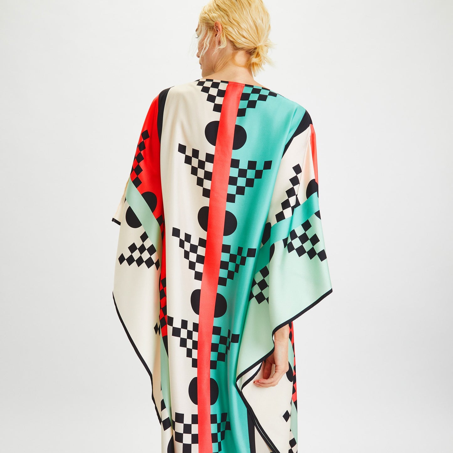 Geometric Check & Stripe Silk Kaftan Dress – Aqua Red Multicolor