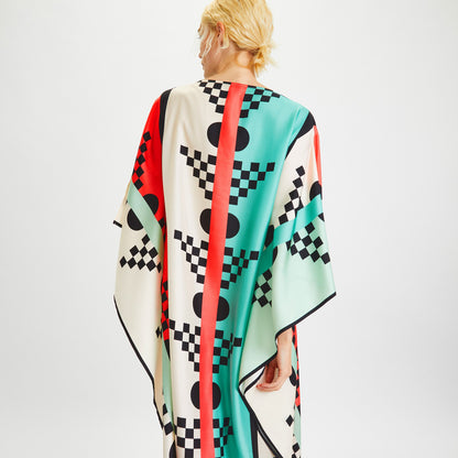 Geometric Check & Stripe Silk Kaftan Dress – Aqua Red Multicolor