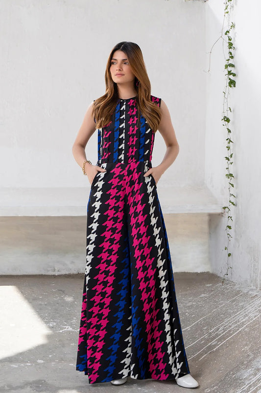 Vivid Houndstooth Sleeveless Maxi Dress – Effortless Statement Elegance