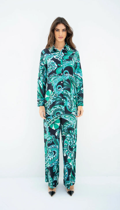 Tropical Swirl Print Co-ord Set – Vibrant Elegance in Teal & Navy