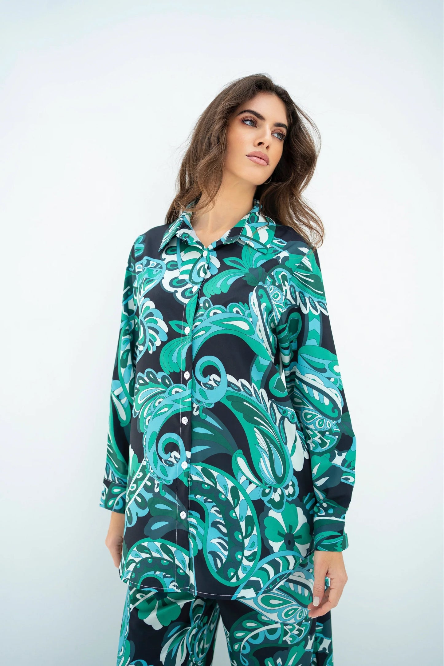 Tropical Swirl Print Co-ord Set – Vibrant Elegance in Teal & Navy
