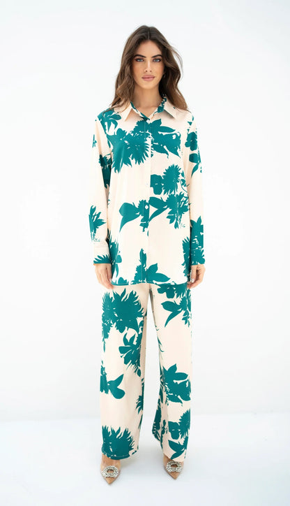 Botanical Bloom Co-ord Set – Effortless Chic in Emerald & Beige