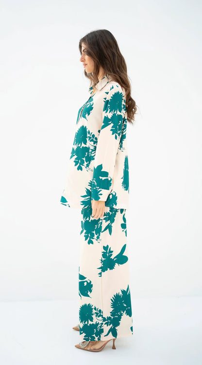 Botanical Bloom Co-ord Set – Effortless Chic in Emerald & Beige