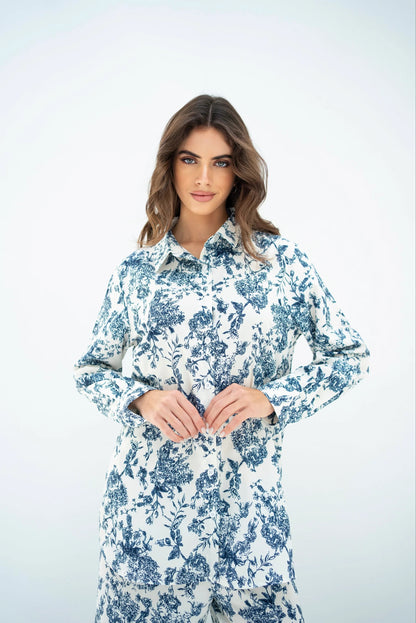 Classic Blue Floral Co-ord Set – Timeless Elegance in White & Indigo