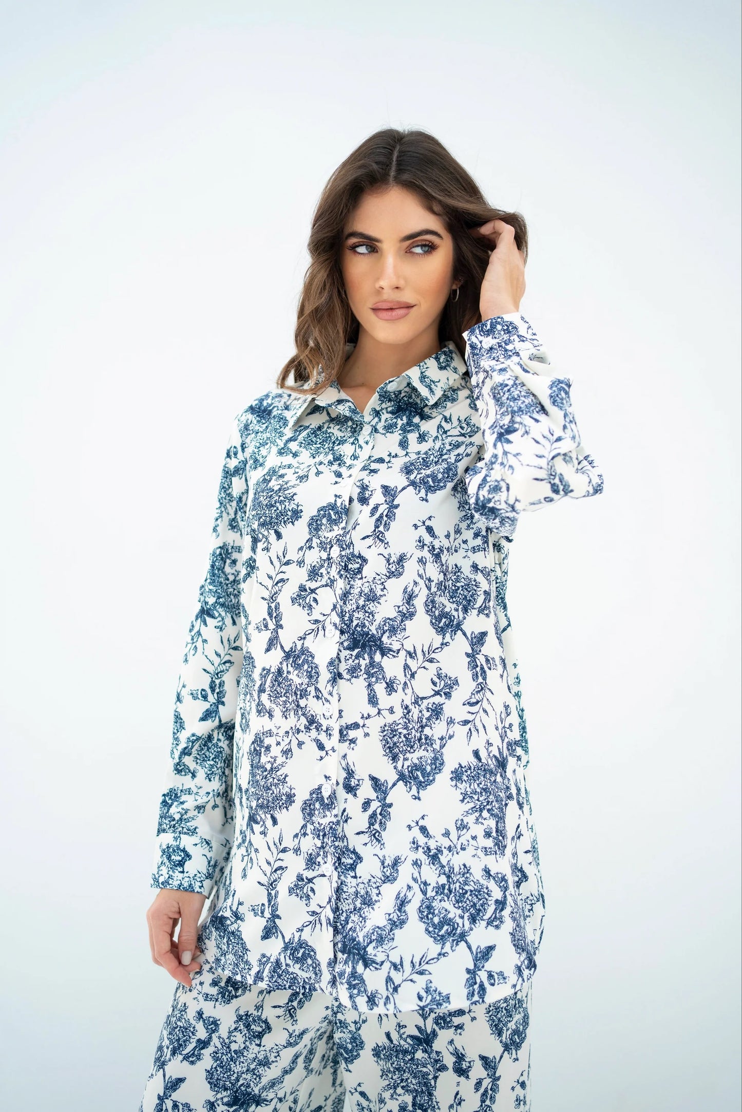 Classic Blue Floral Co-ord Set – Timeless Elegance in White & Indigo