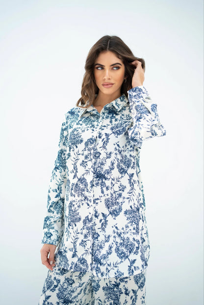 Classic Blue Floral Co-ord Set – Timeless Elegance in White & Indigo