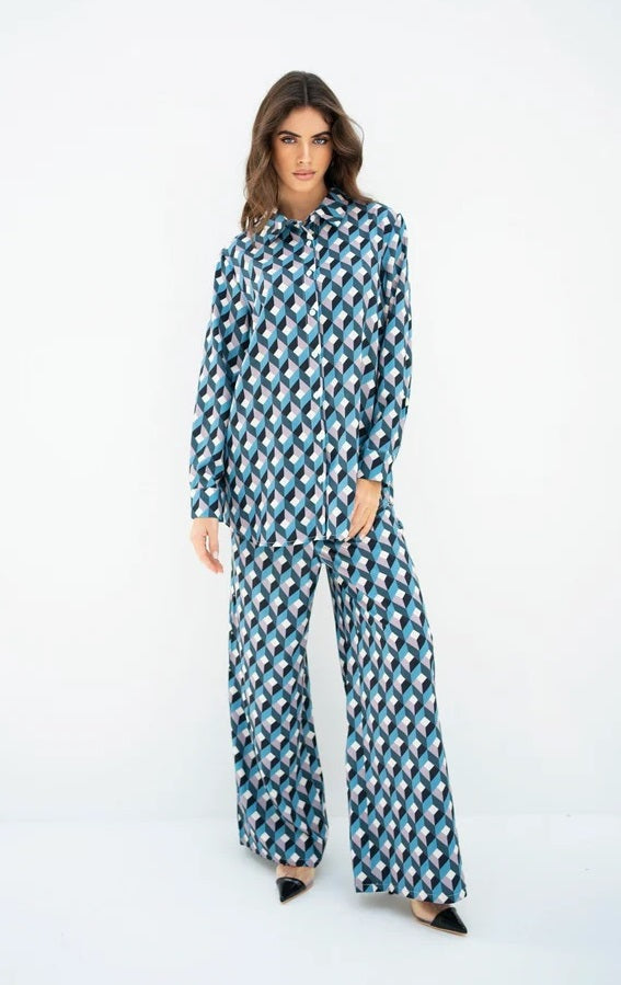 Geometric Cube Print Co-ord Set – Modern Luxe in Blue & Grey