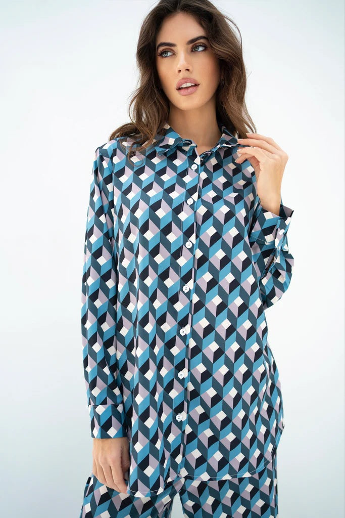 Geometric Cube Print Co-ord Set – Modern Luxe in Blue & Grey