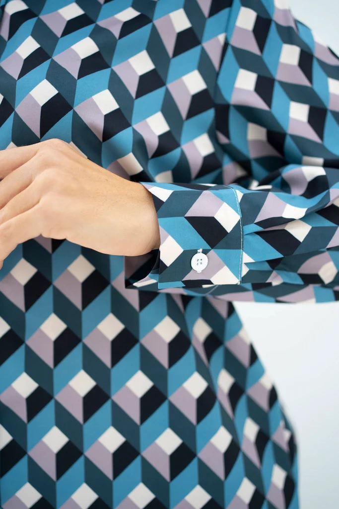 Geometric Cube Print Co-ord Set – Modern Luxe in Blue & Grey