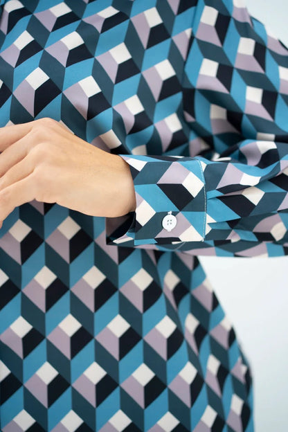 Geometric Cube Print Co-ord Set – Modern Luxe in Blue & Grey