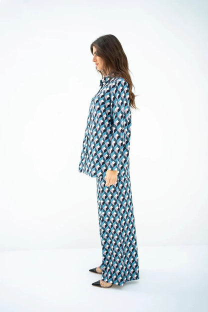 Geometric Cube Print Co-ord Set – Modern Luxe in Blue & Grey