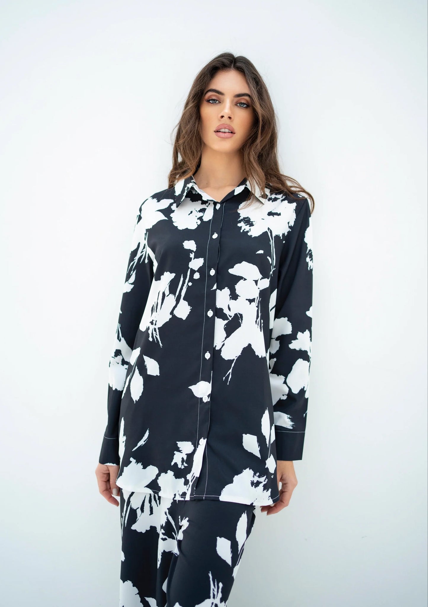 Midnight Bloom Co-ord Set – Elegant Black & White Floral