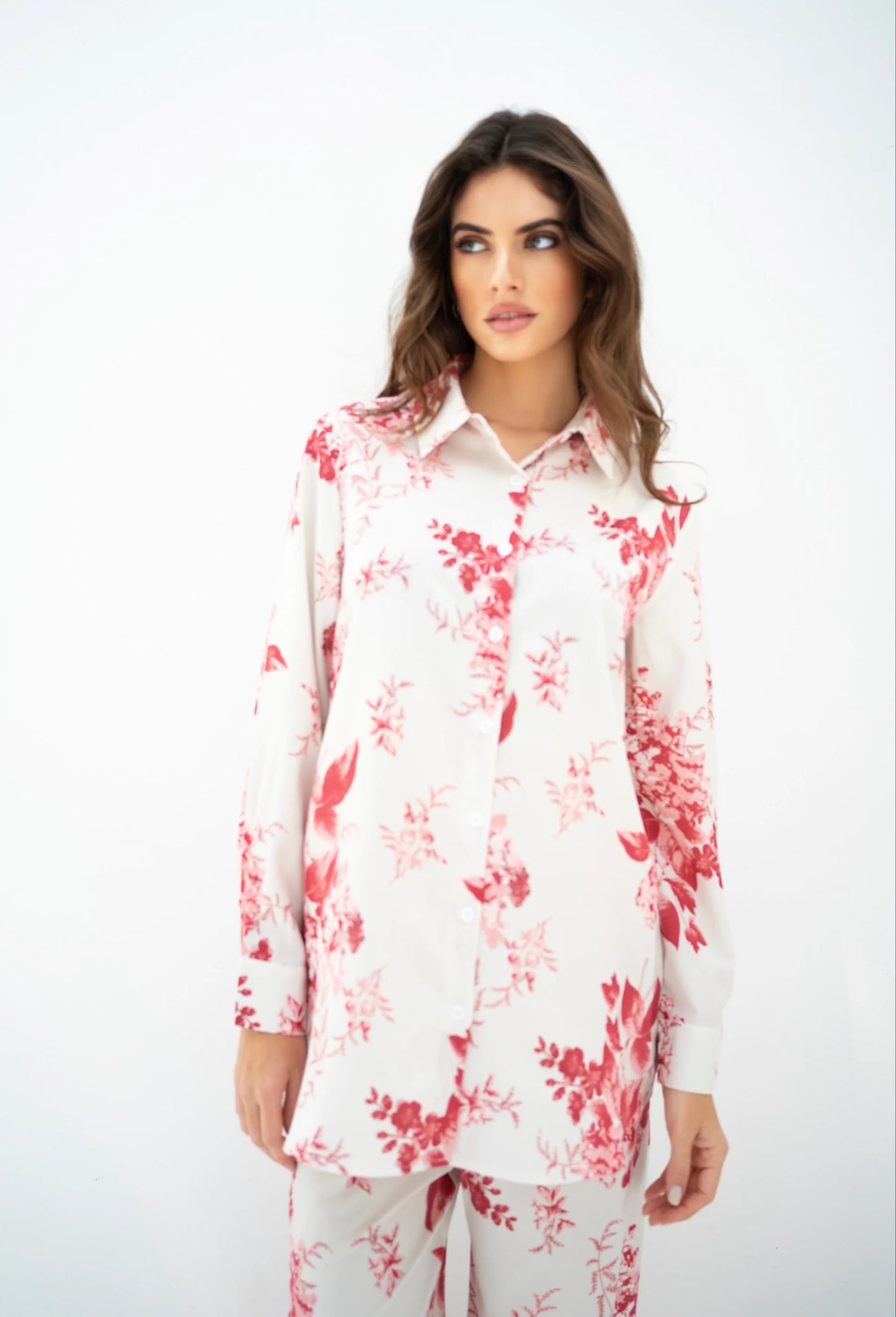 Scarlet Bloom Co-ord Set – White & Red Floral Elegance