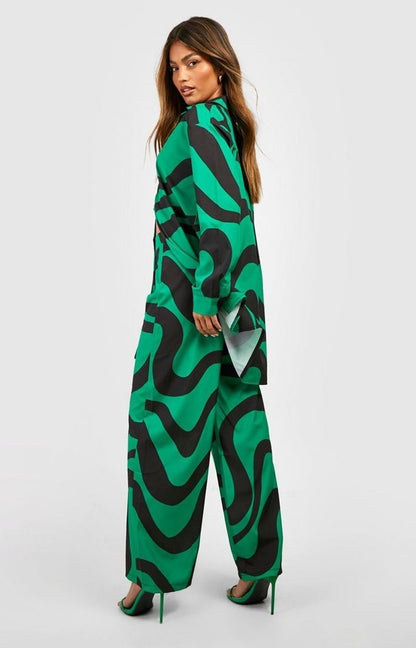 Abstract Wave Print Co-ord Set – Blue | Green | White