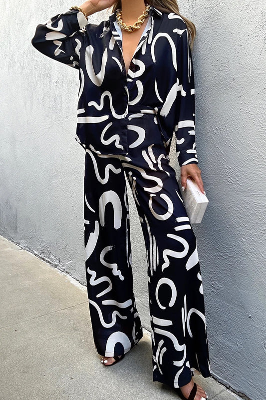 Abstract Brushstroke Satin Co-ord Set – Black | Blue | Cream | Golden