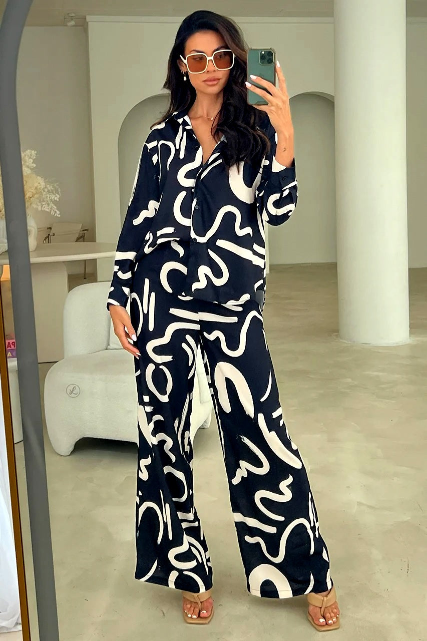 Abstract Brushstroke Satin Co-ord Set – Black | Blue | Cream | Golden