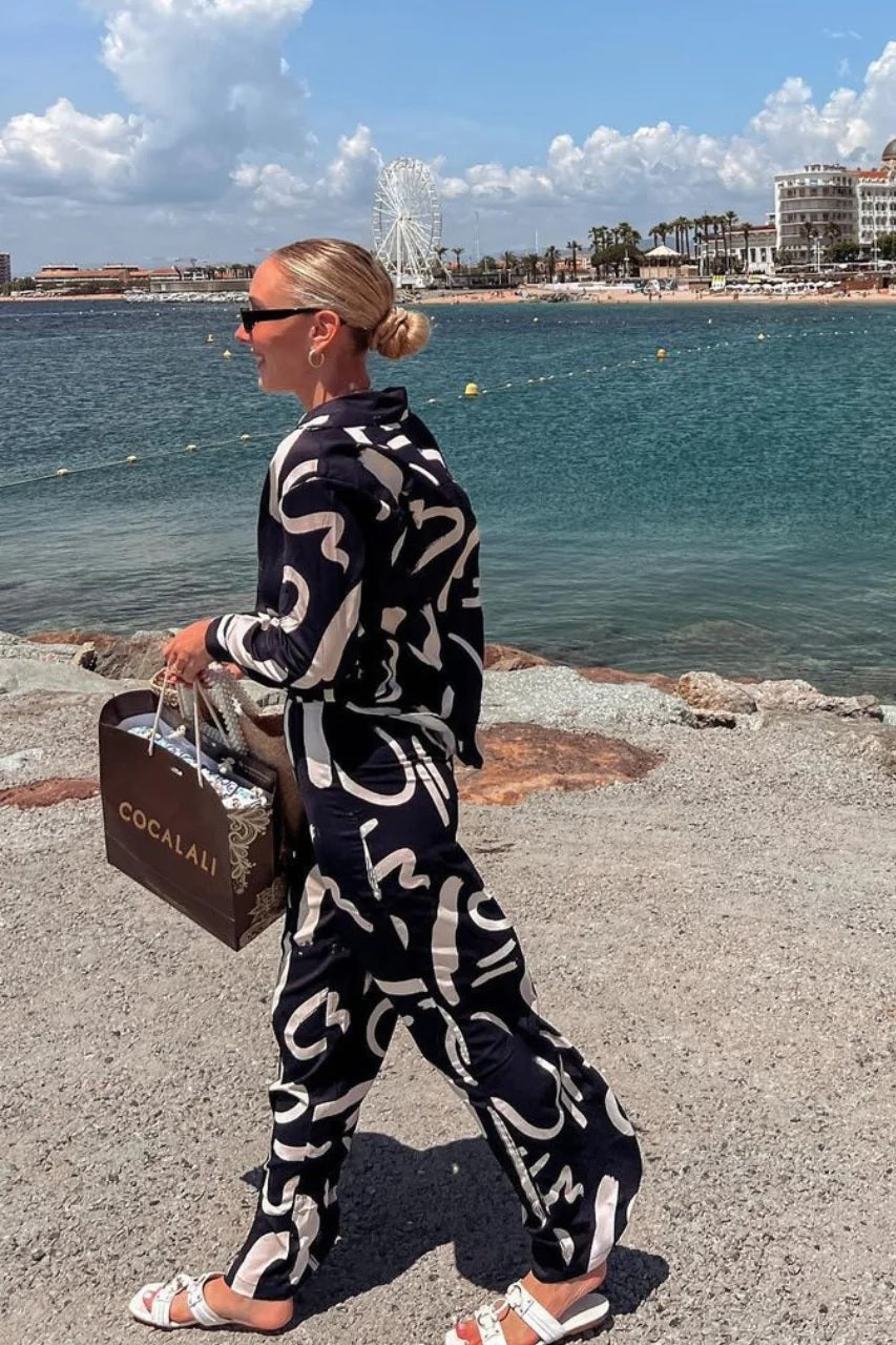 Abstract Brushstroke Satin Co-ord Set – Black | Blue | Cream | Golden