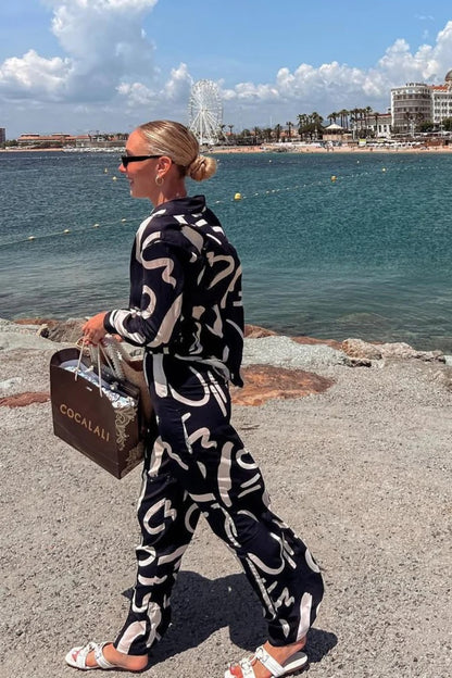 Abstract Brushstroke Satin Co-ord Set – Black | Blue | Cream | Golden