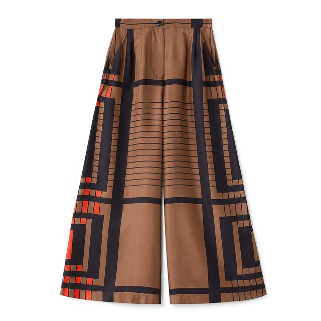 Bronze & Navy Geometric Silk Co-ord Set (Kaftan Top & Wide-Leg Pants)