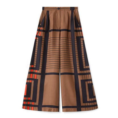 Bronze & Navy Geometric Silk Co-ord Set (Kaftan Top & Wide-Leg Pants)