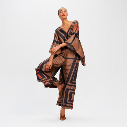 Bronze & Navy Geometric Silk Co-ord Set (Kaftan Top & Wide-Leg Pants)