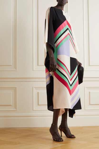 Geometric Multicolor Silk Kaftan Dress – Luxe Abstract Design