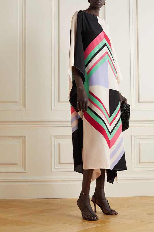 Geometric Multicolor Silk Kaftan Dress – Luxe Abstract Design