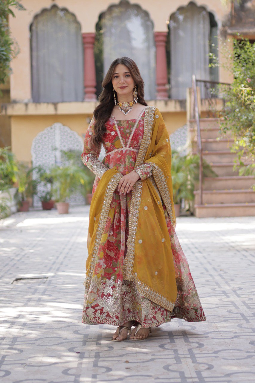 Premium Alia-Cut Russian Silk Gown With Embroidered Dupatta – Ready to Wear Luxury Set