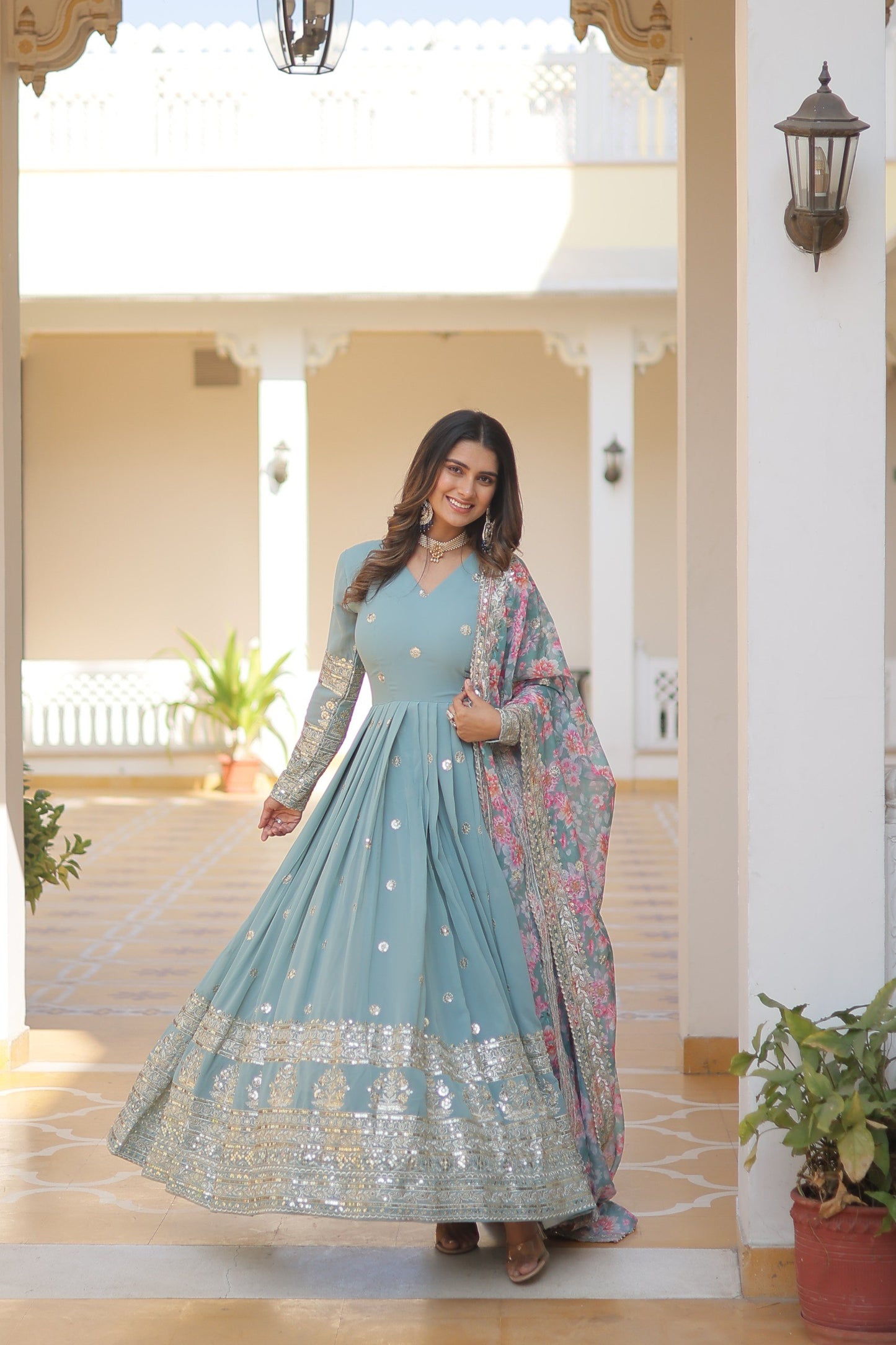 Luxury Embroidered Georgette Gown with Dupatta – Zari & Sequins Work