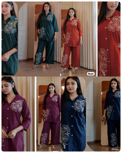 Style-Up Cotton Slub Embroidered Co-ord Set – Available in 4 Elegant Colours