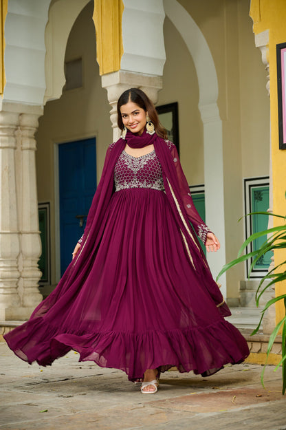 Luxury Wine Embroidered Gown with Dupatta – Beads & Lace Detailing