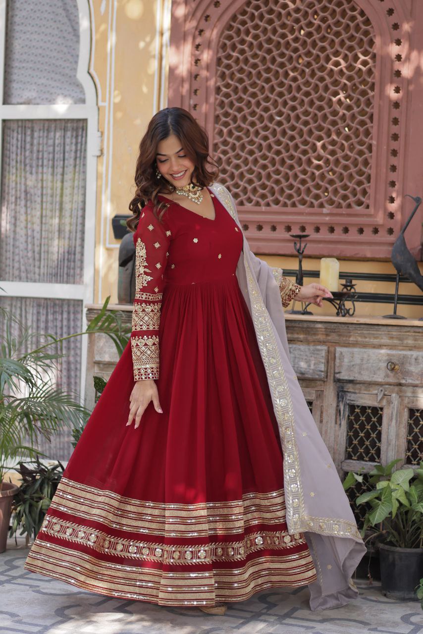 Elegant Maroon Embroidered Gown with Dupatta – Premium Zari & Sequins Designer Collection