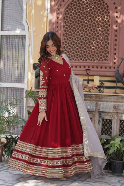 Elegant Maroon Embroidered Gown with Dupatta – Premium Zari & Sequins Designer Collection