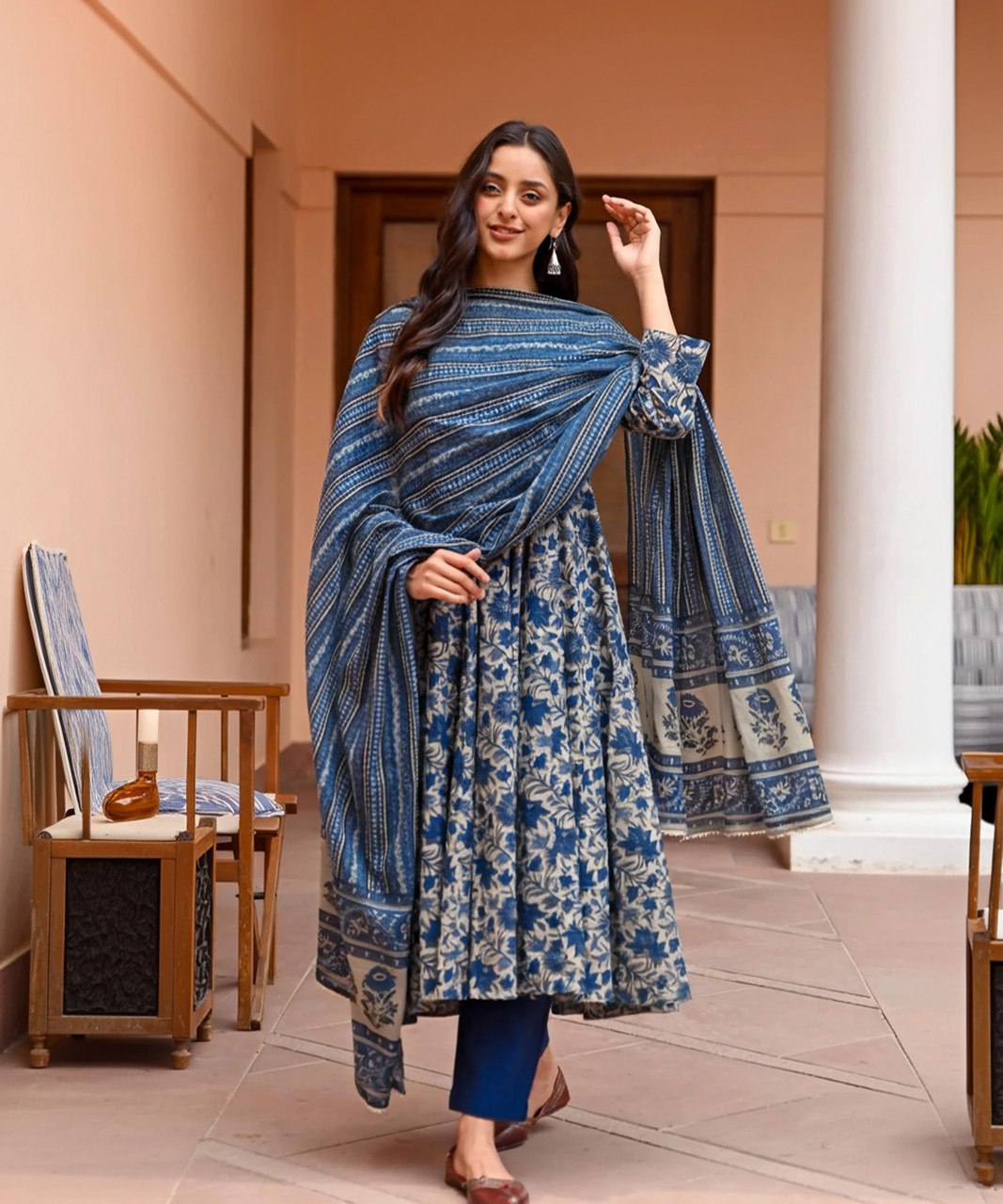 Navy Blue Printed Rayon Kurti Set with Pant & Dupatta – Elegant Ethnic Collection
