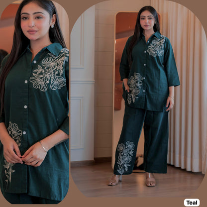 Style-Up Cotton Slub Embroidered Co-ord Set – Available in 4 Elegant Colours