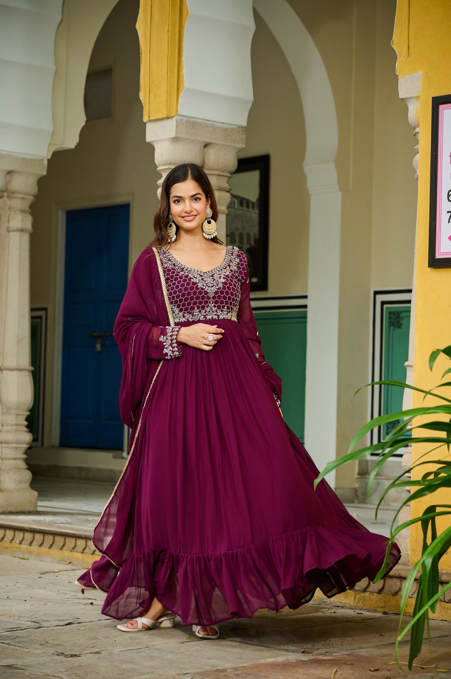 Luxury Wine Embroidered Gown with Dupatta – Beads & Lace Detailing