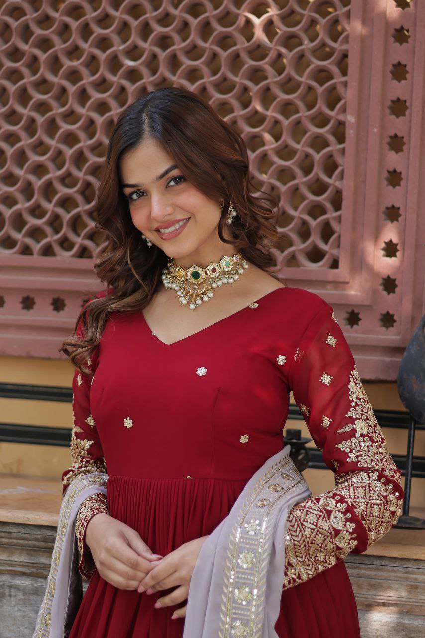 Elegant Maroon Embroidered Gown with Dupatta – Premium Zari & Sequins Designer Collection