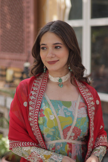 Premium Alia-Cut Russian Silk Gown With Embroidered Dupatta – Ready to Wear Luxury Set