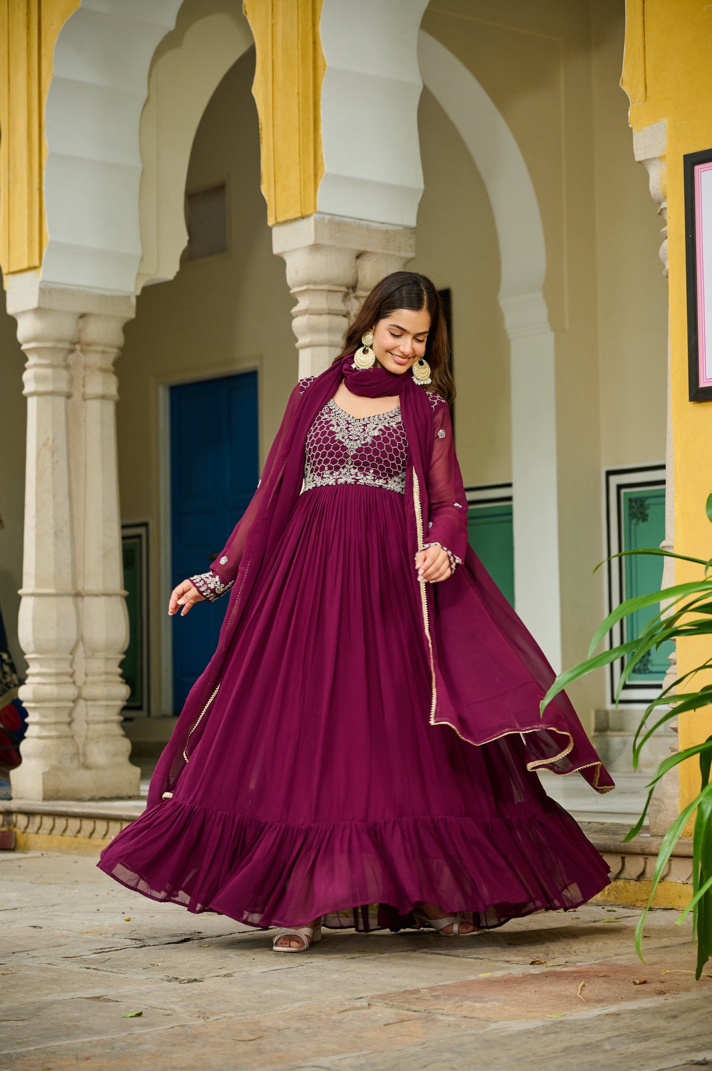 Luxury Wine Embroidered Gown with Dupatta – Beads & Lace Detailing