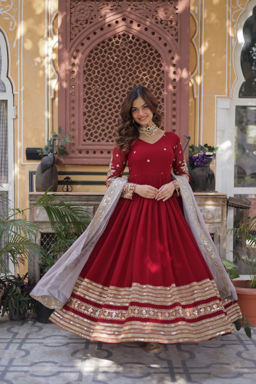 Elegant Maroon Embroidered Gown with Dupatta – Premium Zari & Sequins Designer Collection