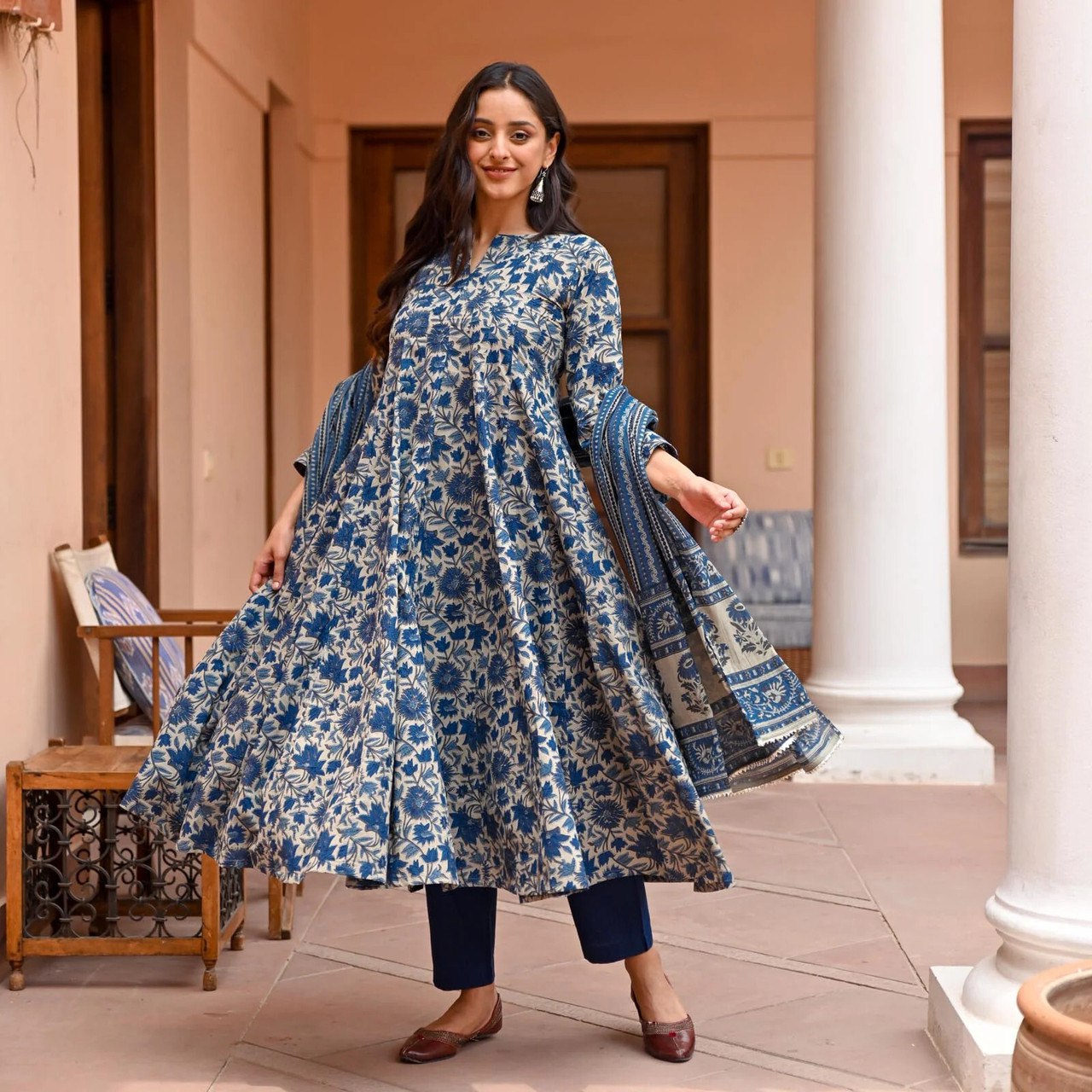 Navy Blue Printed Rayon Kurti Set with Pant & Dupatta – Elegant Ethnic Collection