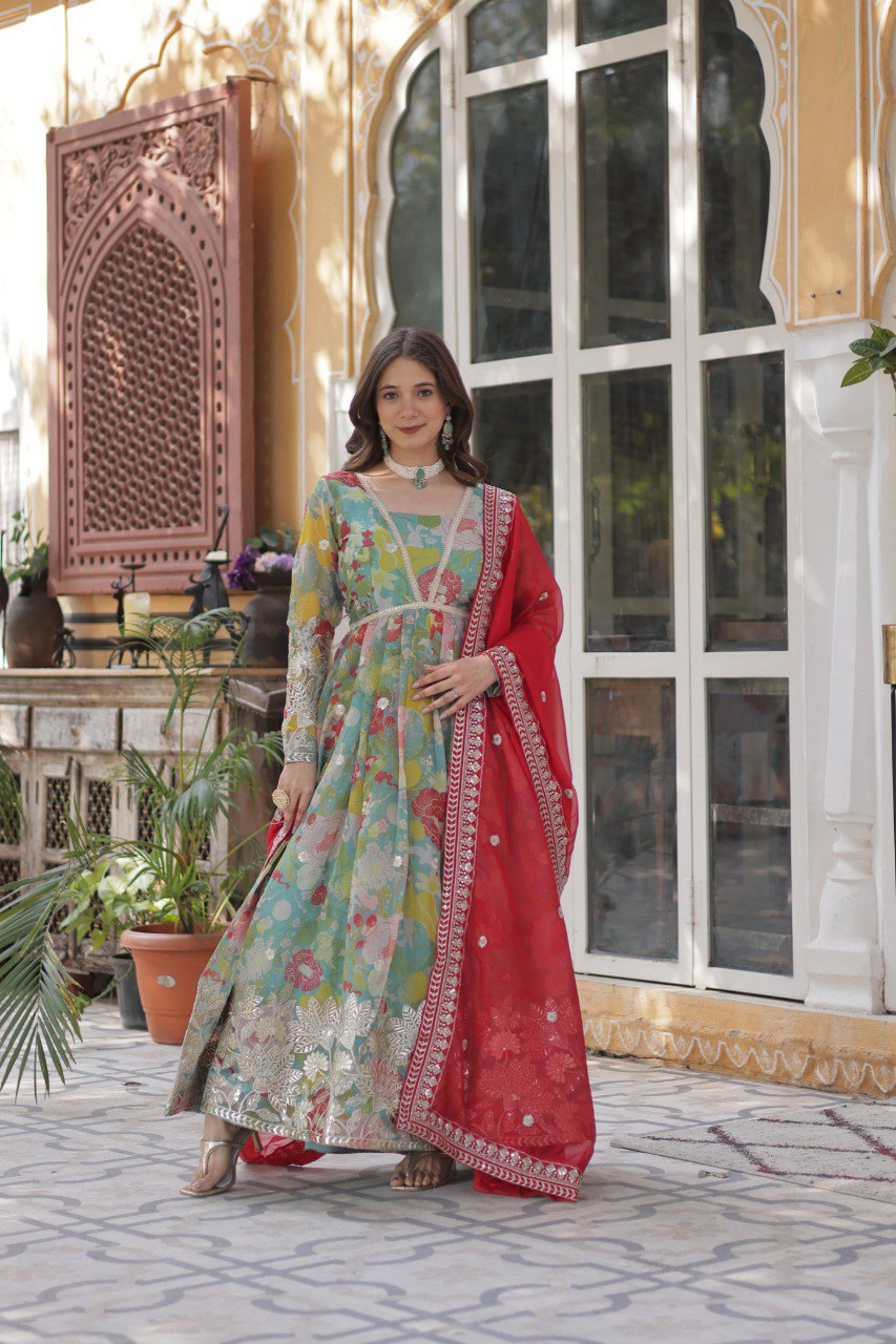Premium Alia-Cut Russian Silk Gown With Embroidered Dupatta – Ready to Wear Luxury Set