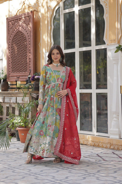 Premium Alia-Cut Russian Silk Gown With Embroidered Dupatta – Ready to Wear Luxury Set