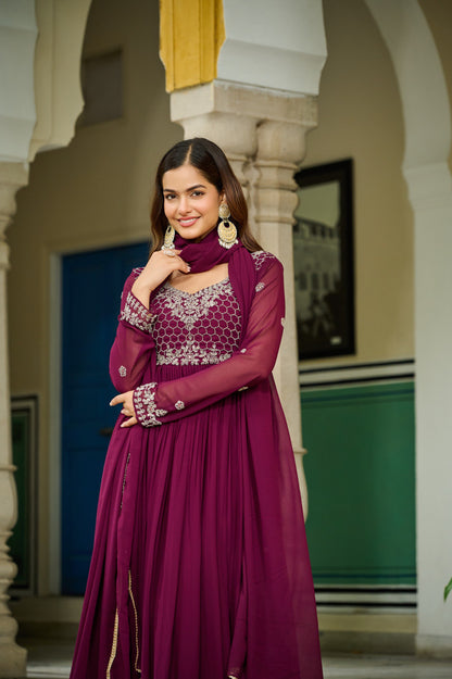 Luxury Wine Embroidered Gown with Dupatta – Beads & Lace Detailing