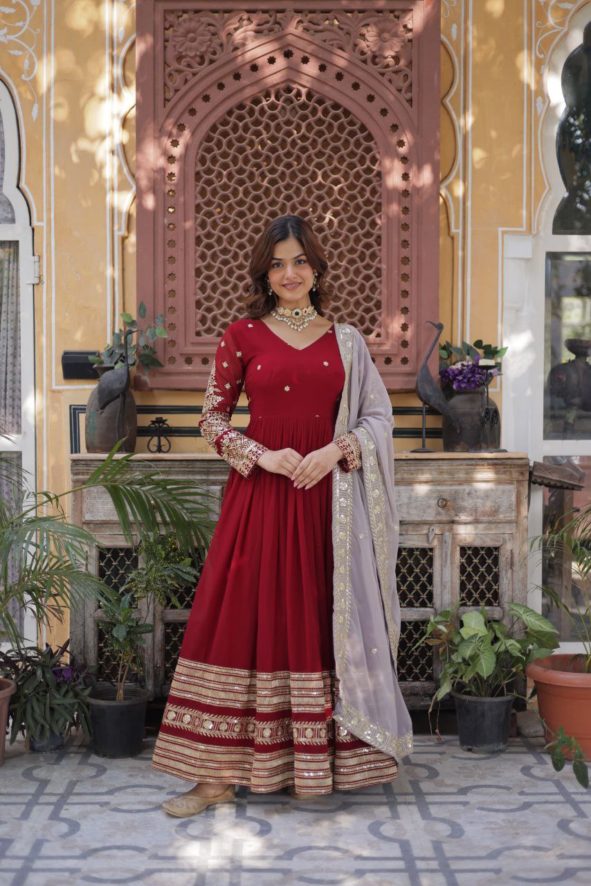 Elegant Maroon Embroidered Gown with Dupatta – Premium Zari & Sequins Designer Collection