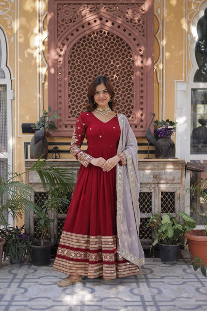 Elegant Maroon Embroidered Gown with Dupatta – Premium Zari & Sequins Designer Collection