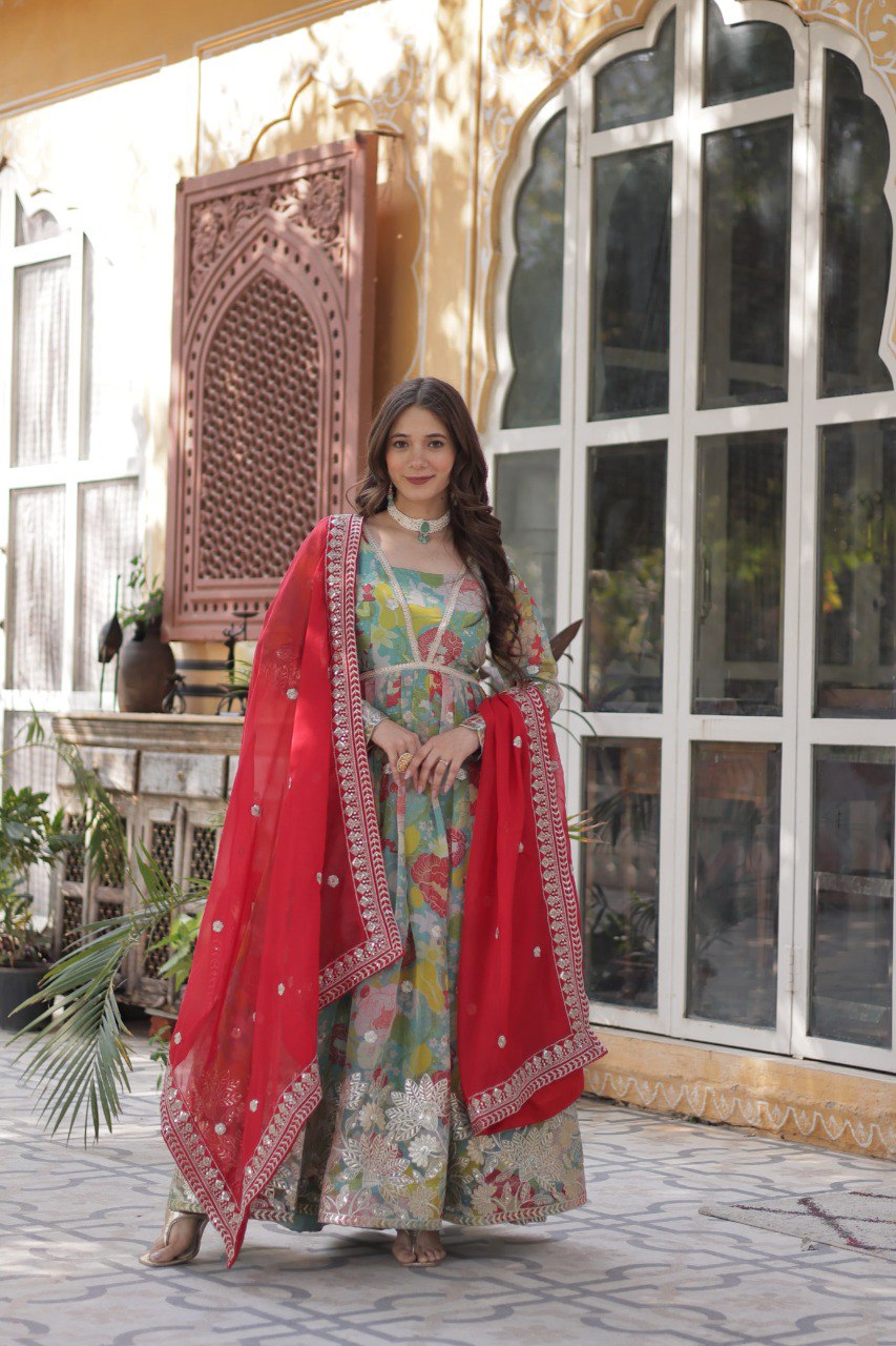 Premium Alia-Cut Russian Silk Gown With Embroidered Dupatta – Ready to Wear Luxury Set