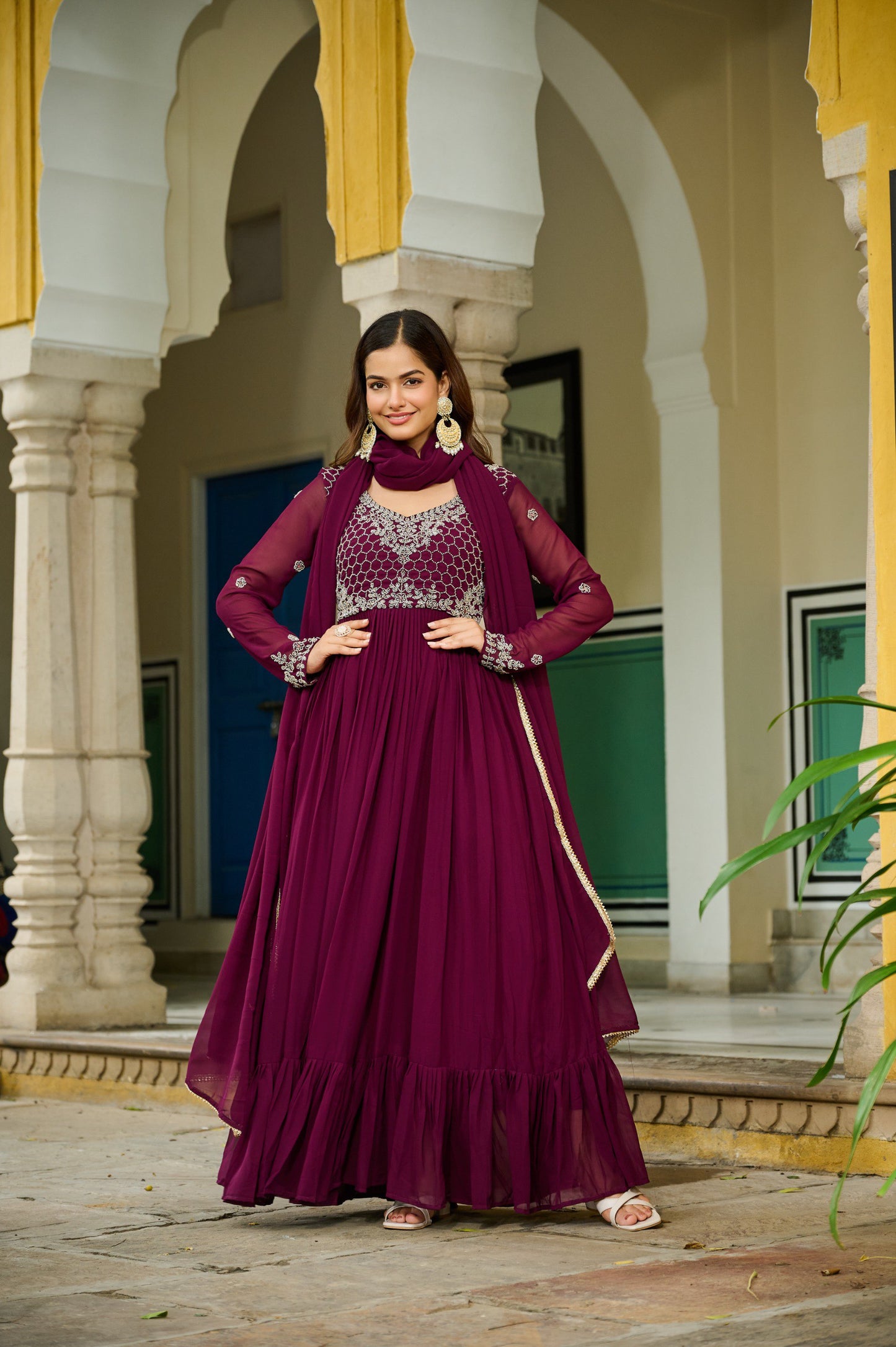 Luxury Wine Embroidered Gown with Dupatta – Beads & Lace Detailing